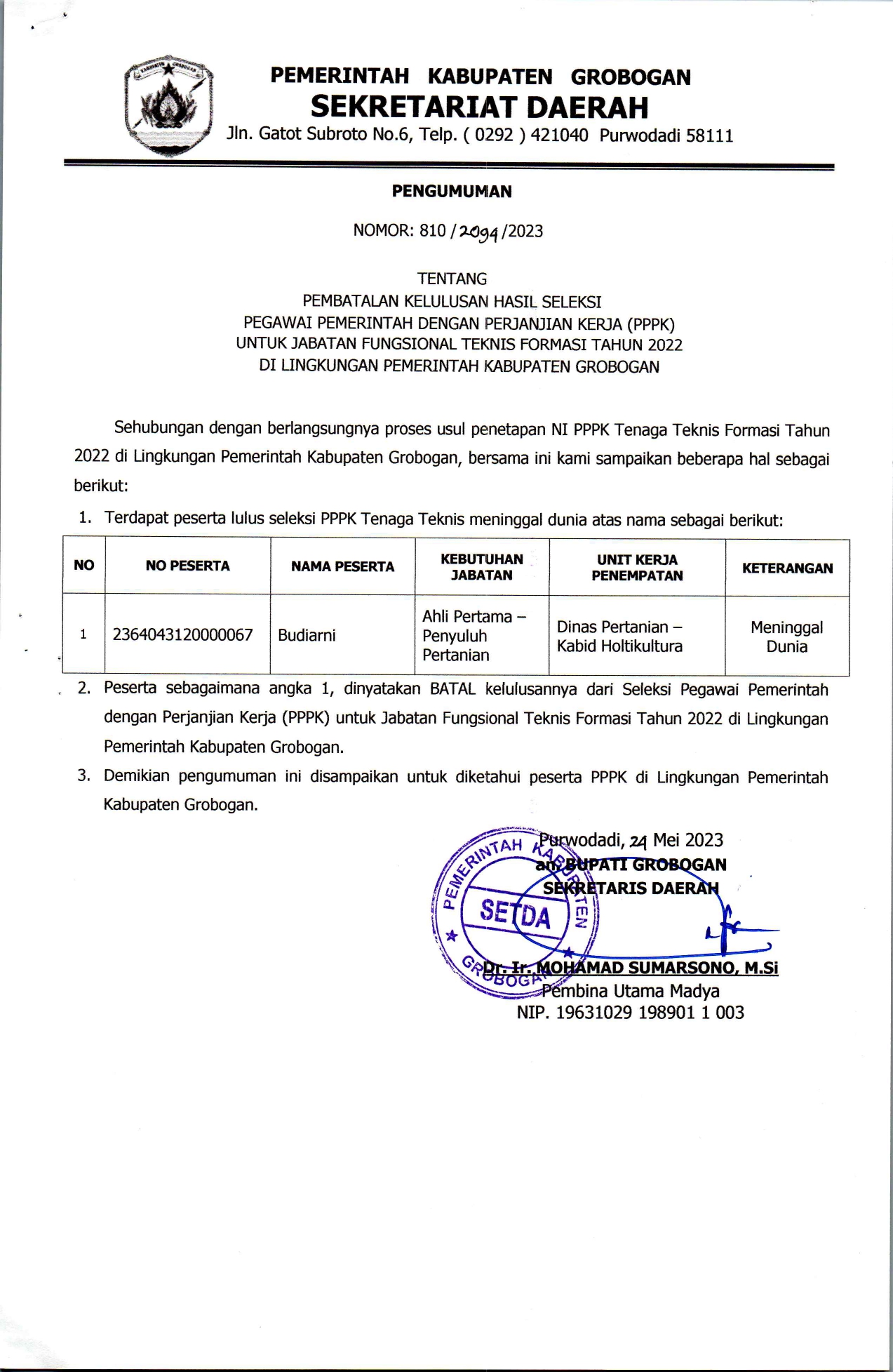 2. Pengumuman ttg Pembatalan Kelulusan Hasil Seleksi PPPK Tenaga Teknis Formasi 2022 page 0001